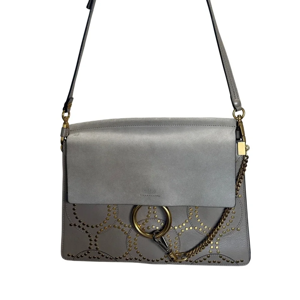 Chloe Faye Studded‎ Suede Leather Shoulder Bag Taupe Grey Gold Hardware Rare COA